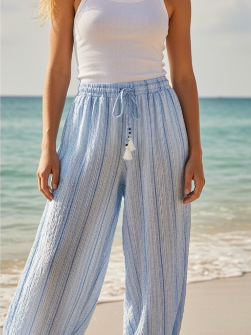 SIGRID OLSEN - 100% linen Light Blue Stripe Wide-Leg Summer Pants